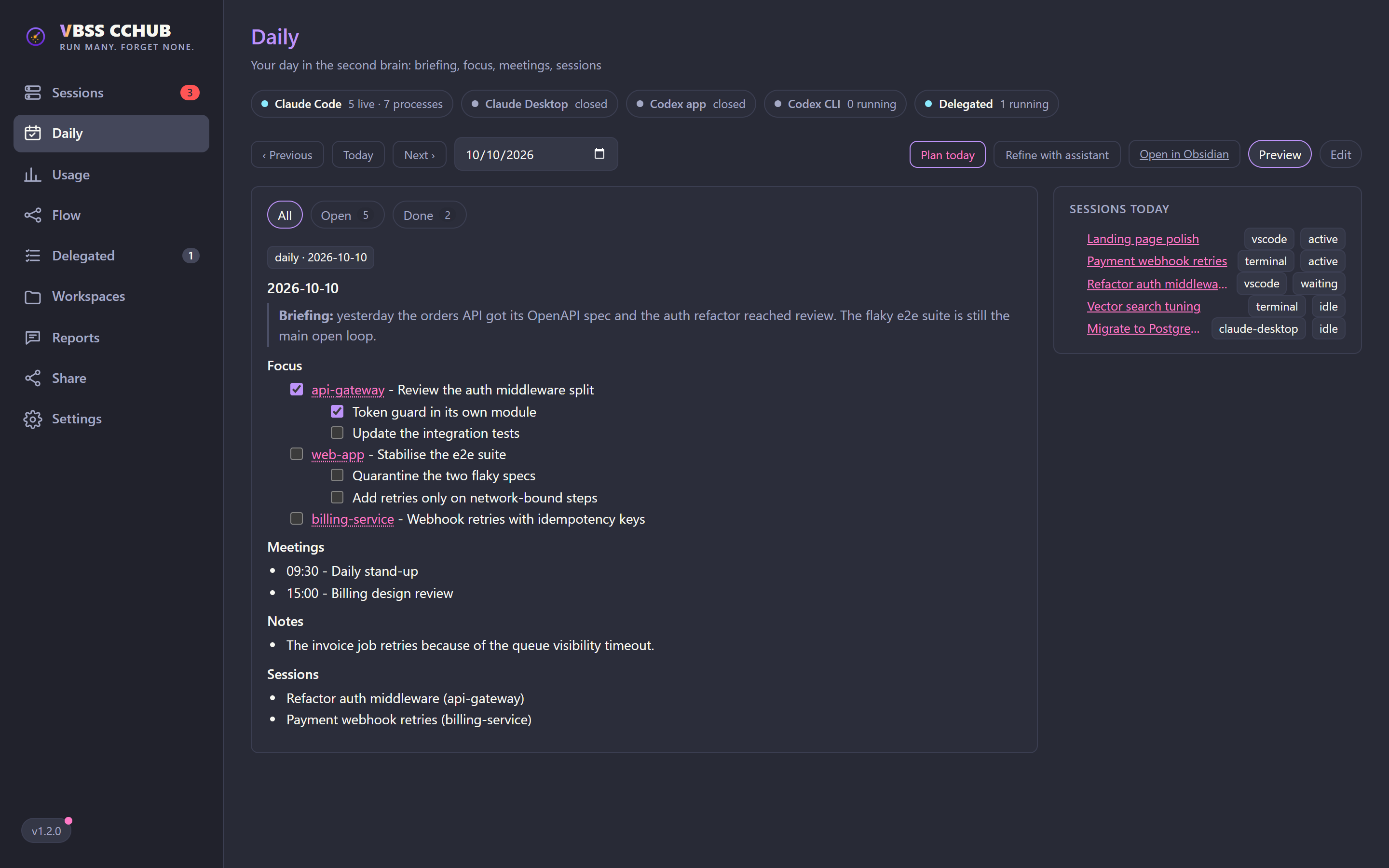 CCHUB daily view rendering a Markdown daily note with focus items and today's sessions