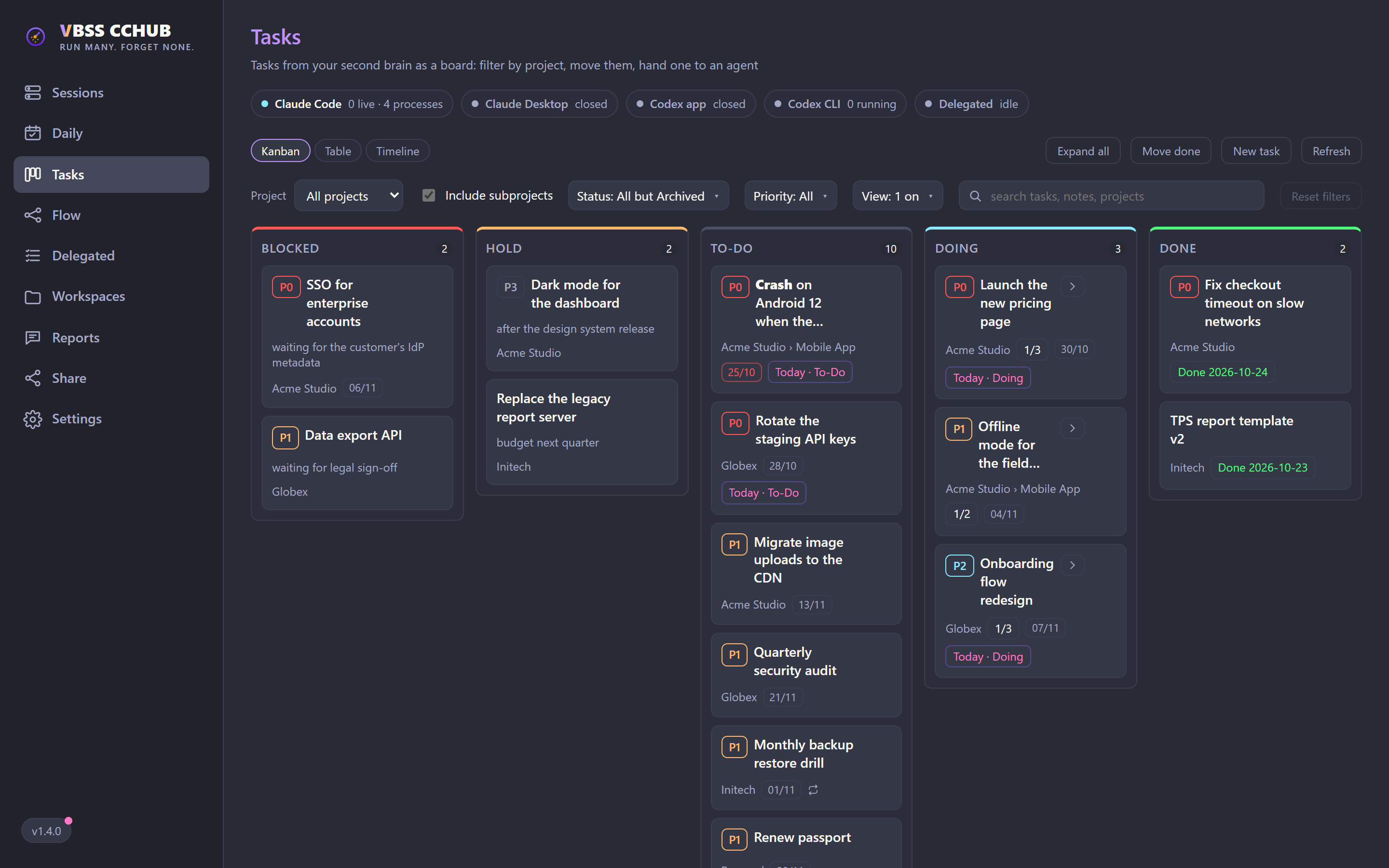 CCHUB Tasks board with Blocked, Hold, To-Do, Doing and Done columns built from Markdown project notes